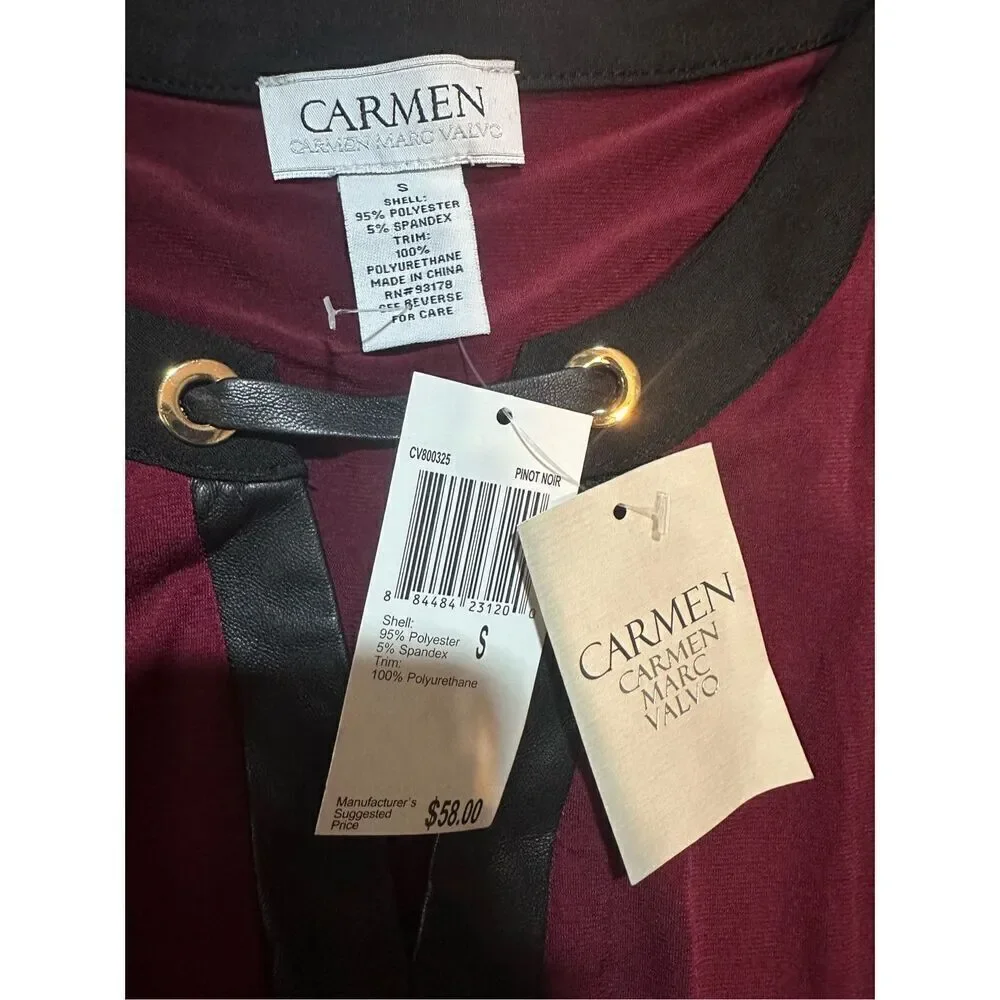 Carmen Marc Valvo wine red long sleeve blouse with faux‎ leather accent sz S NEW - Picture 3 of 6